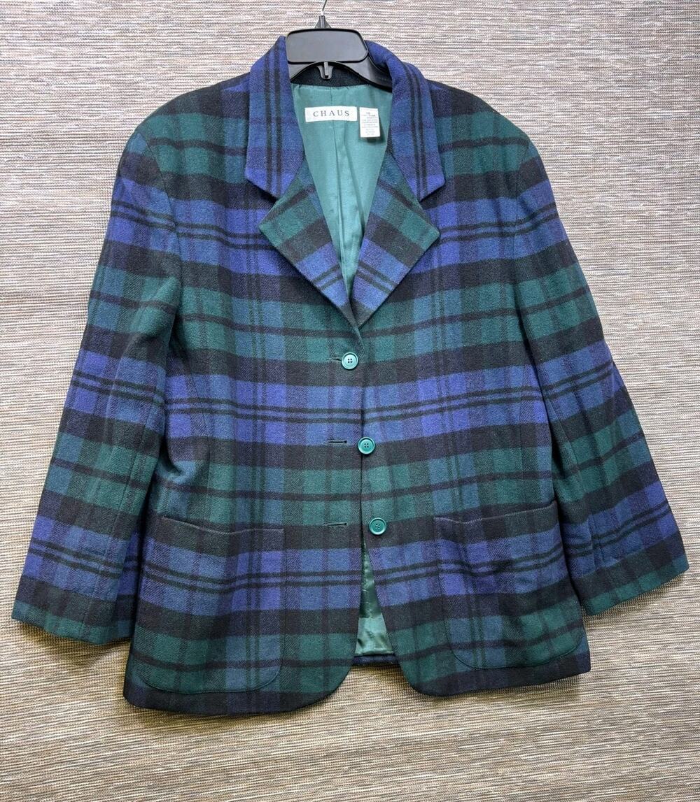 Vintage Chaus Blazer Womens Sz 16 Green Blue Plaid Wool Lined 3/4 Sleeve Jacket
